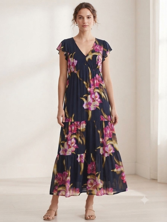 Les Serein Dresses & Skirts - NWT Les Serein Navy Pink Floral Mesh Flutter Sleeve Maxi Dress XL